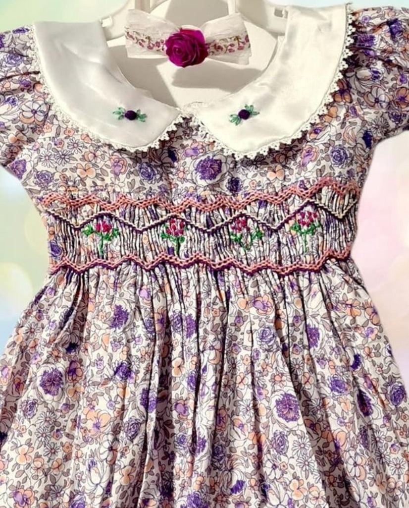 Purple garden smocked dress with collar