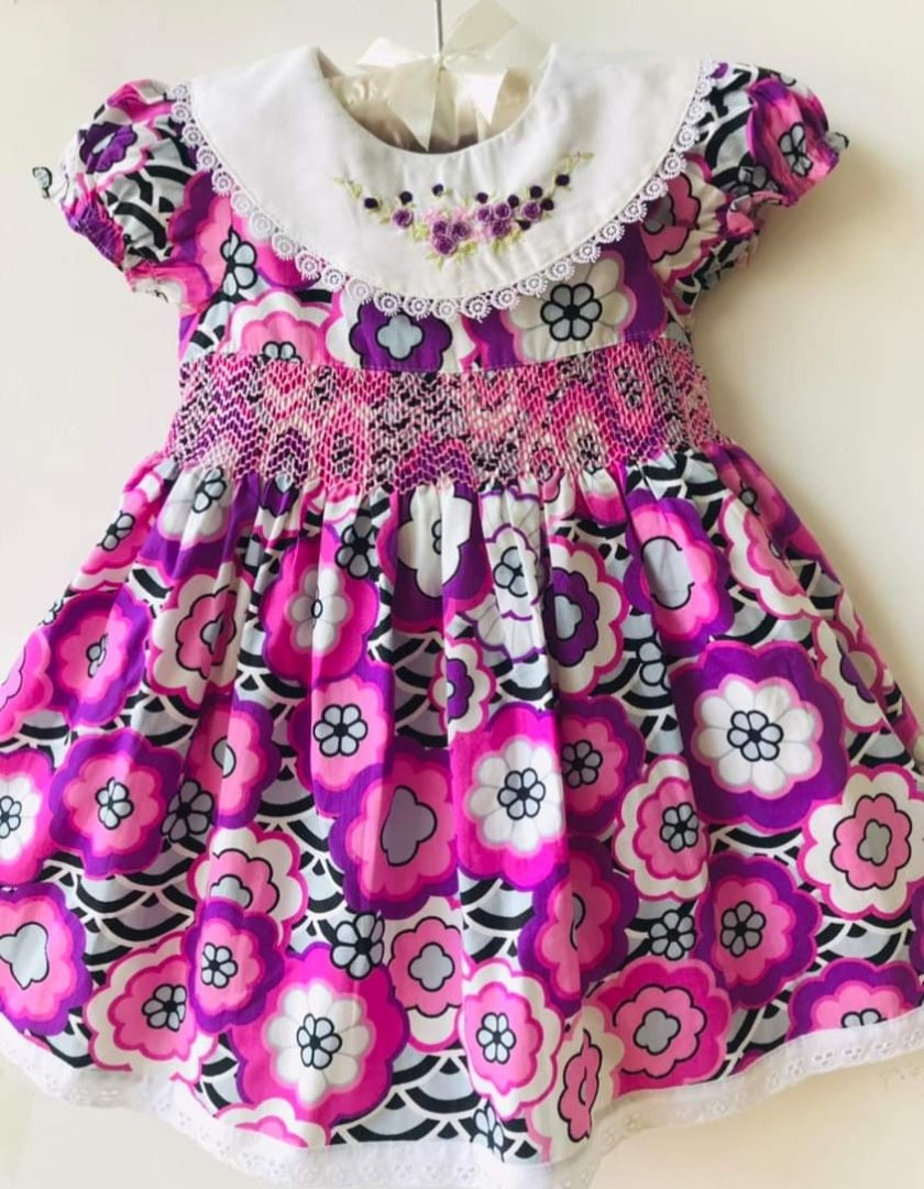 Purple and Magenta flowers smocked dress with peter pan collar