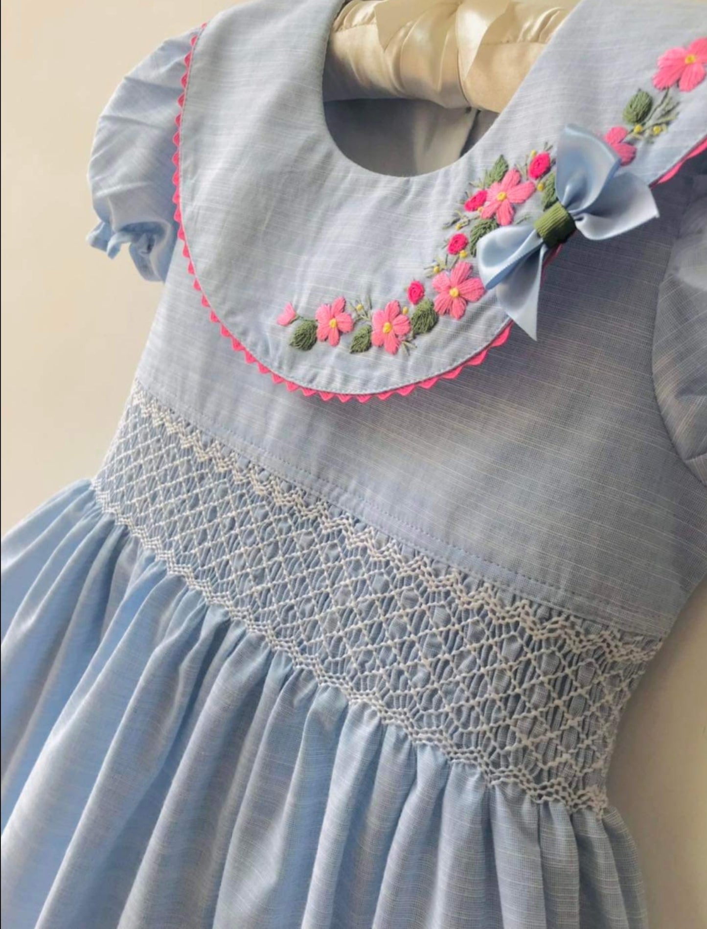 Blue Smocked Dress with Peter pan collar