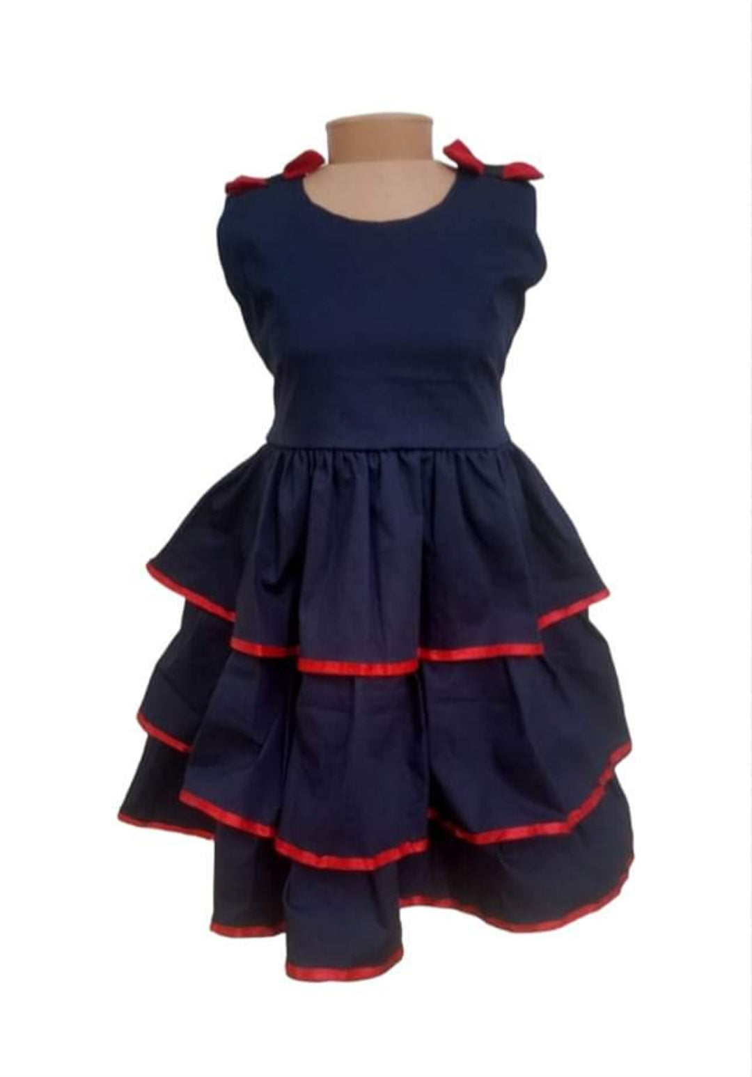 Navy Blue Frill Dress with Red bows