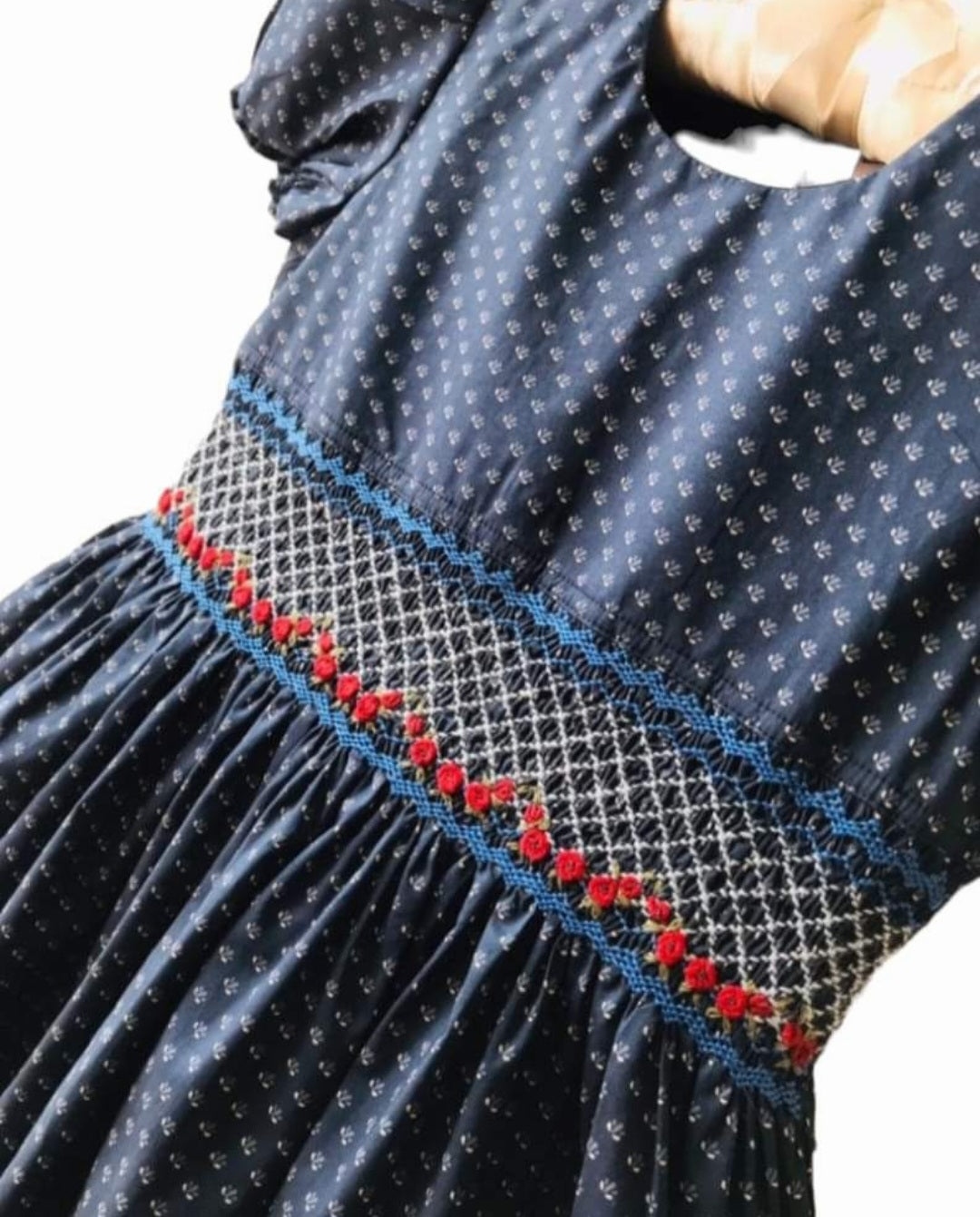 Navy Blue Smocked Dress with Red roses