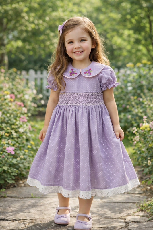 Purple polka dot smocked dress with floral embroidery