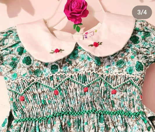 Green Garden Smocked dress with collar
