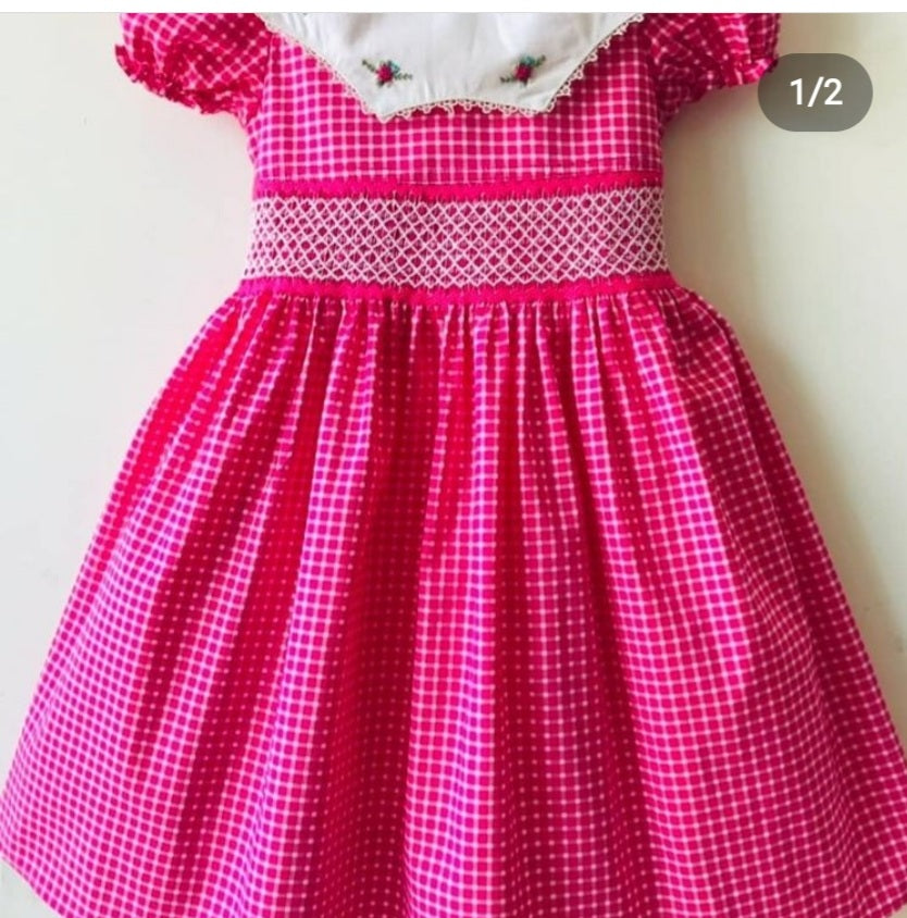 Magenta gingham smocked dress