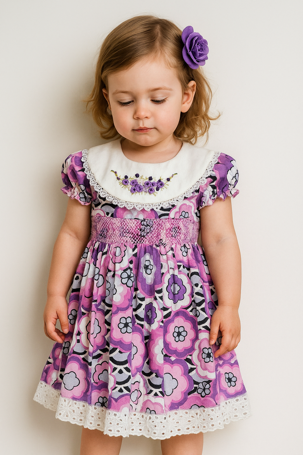 Purple and Magenta flowers smocked dress with peter pan collar
