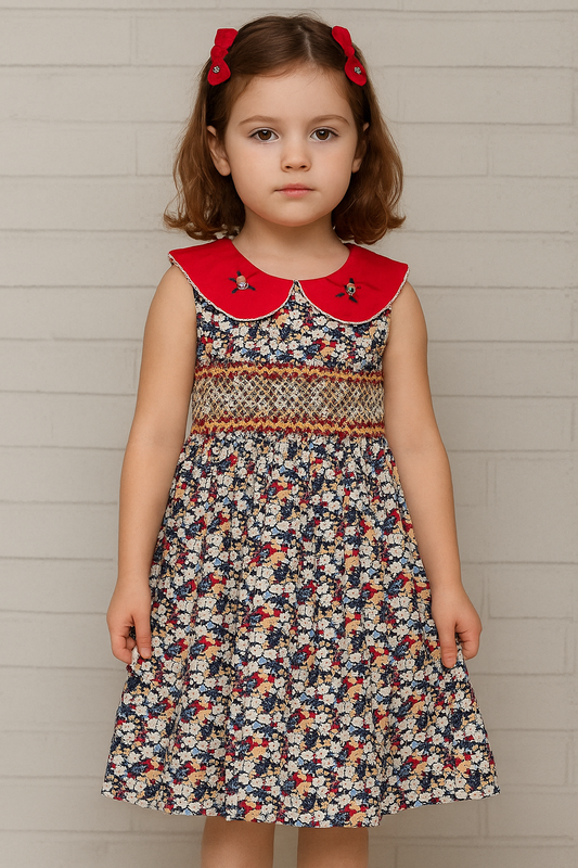 Charming Floral Smocked Dress with Embroidered Collar